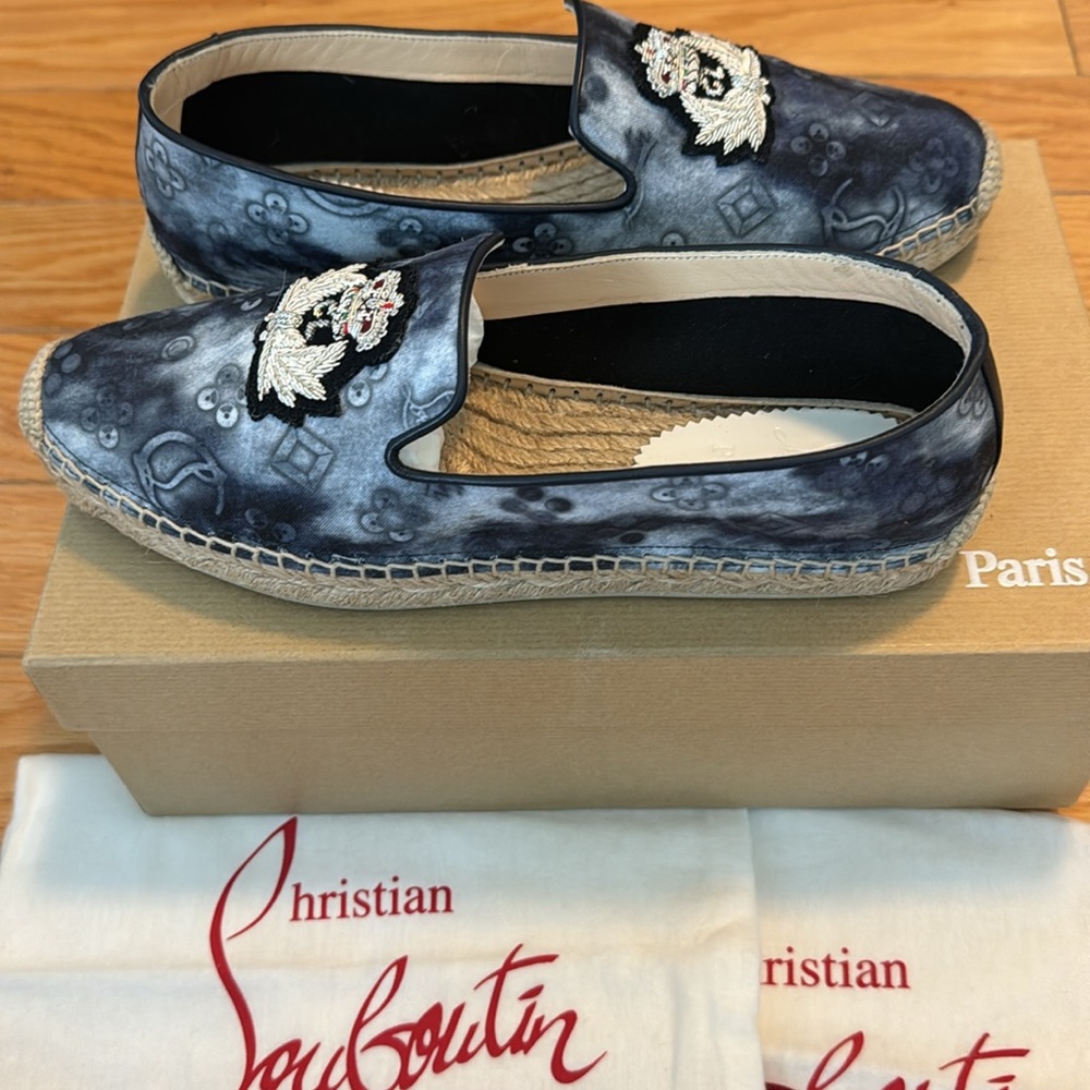 Louboutin Nanou Orlato Espadrilles SZ 37 Tie Die Geometric embroidered worn 2x